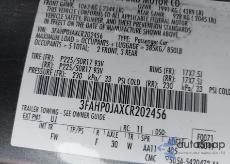 2012 Ford Fusion Sel from USA, damaged, VIN 3FAHP0JAXCR202456